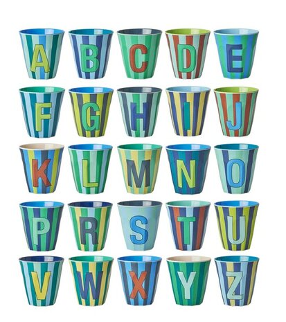 Rice - Melamine Cup - alfabet letters blauw - gestreept 