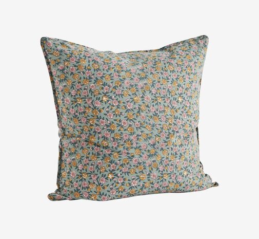 Madam Stoltz - Pillow - cotton - floral print - dusty green, aqua, honey, rose